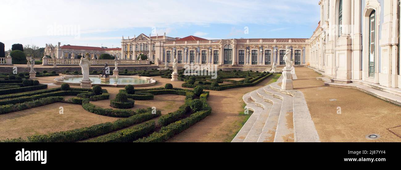 Malta Garden and Ballroom wing of the Palace of Queluz, sculptures of the 18th-century baroque architectural monument, panoramic, Queluz, Portugal Stock Photo