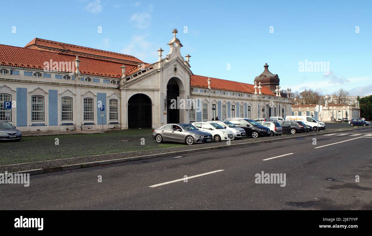 Public, town-side, facade of the Palace of Queluz, former summer royal residence, 18th-century baroque architectural monument, Queluz, Portugal Stock Photo
