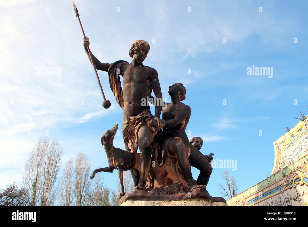 Antique statues, replicas, at the Canal of the Tiles, Canal dos Azulejos, in the Gardens of the Queluz National Palace, Queluz, Portugal Stock Photo