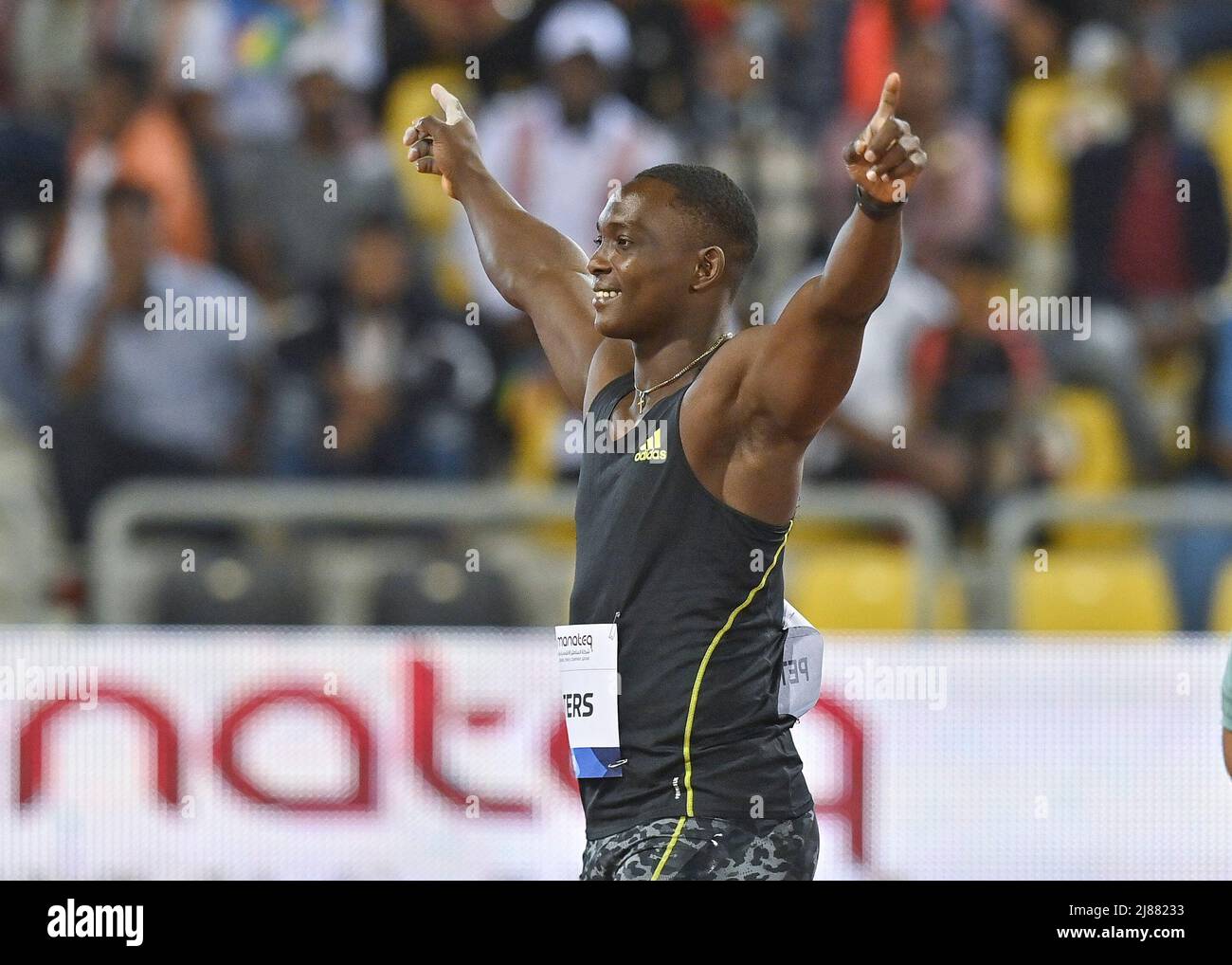 Doha, Qatar. 13th May, 2022. Anderson Peters of Grenada celebrates