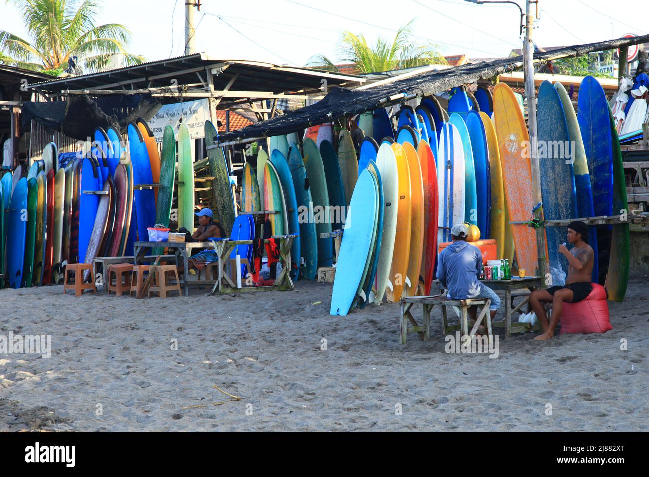 Surfboards for rent at Batu Bolong Beach in Canggu, Bali, Indonesia