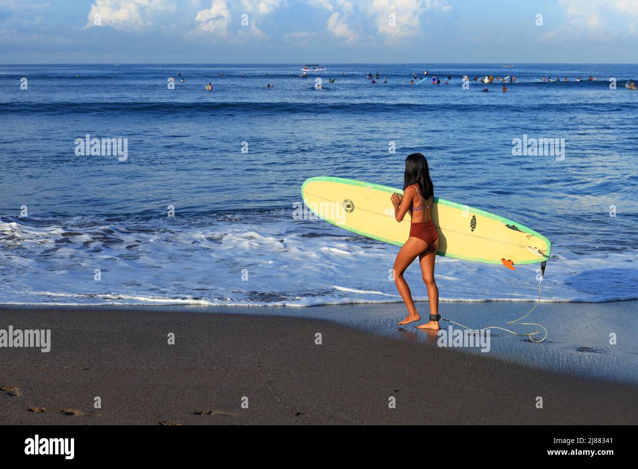 A young Indonesian Asian woman with long black hair wearing a bro…
