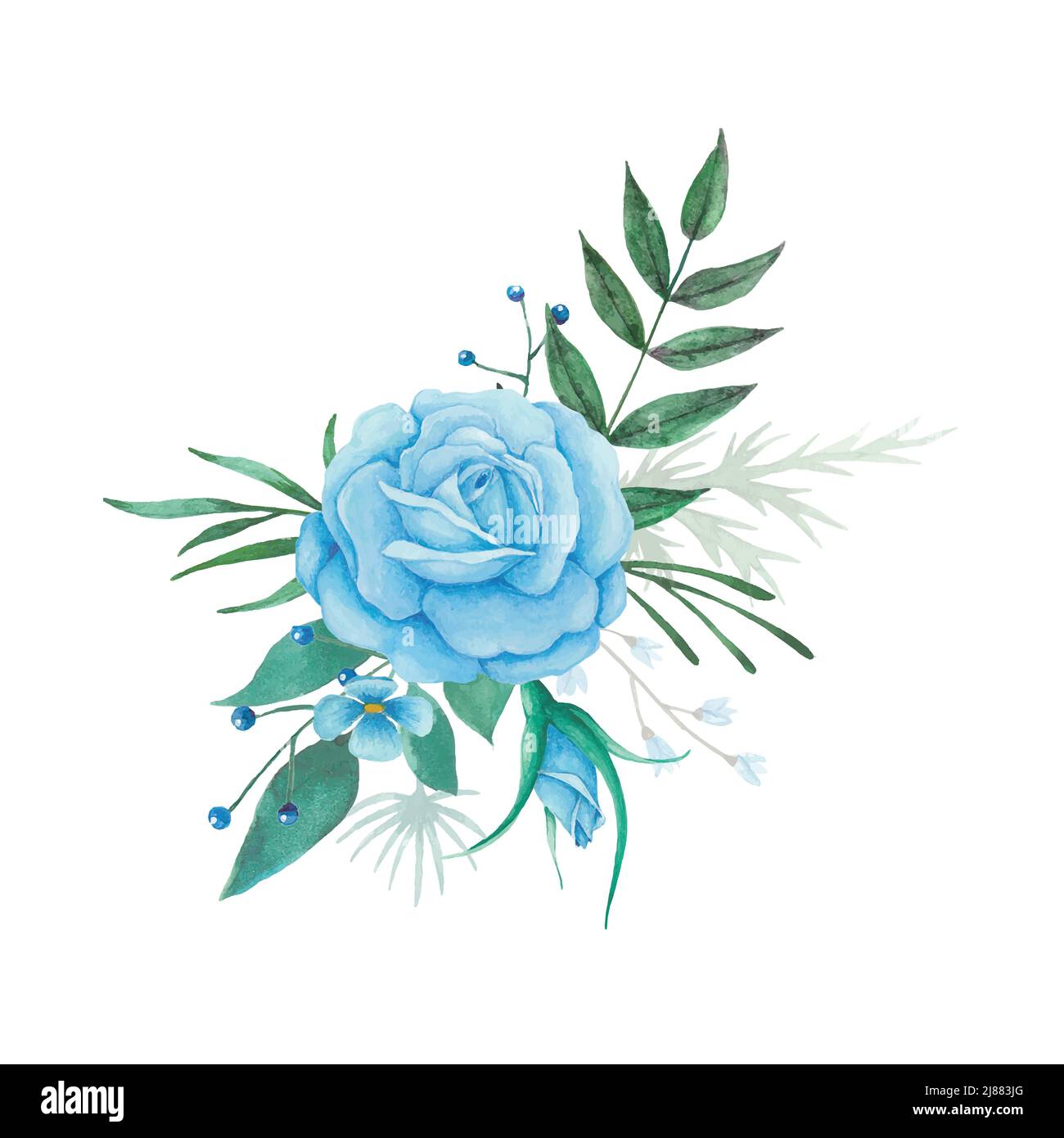 Flowers bouquet with blue roses and green leaves. Watercolor floral ...