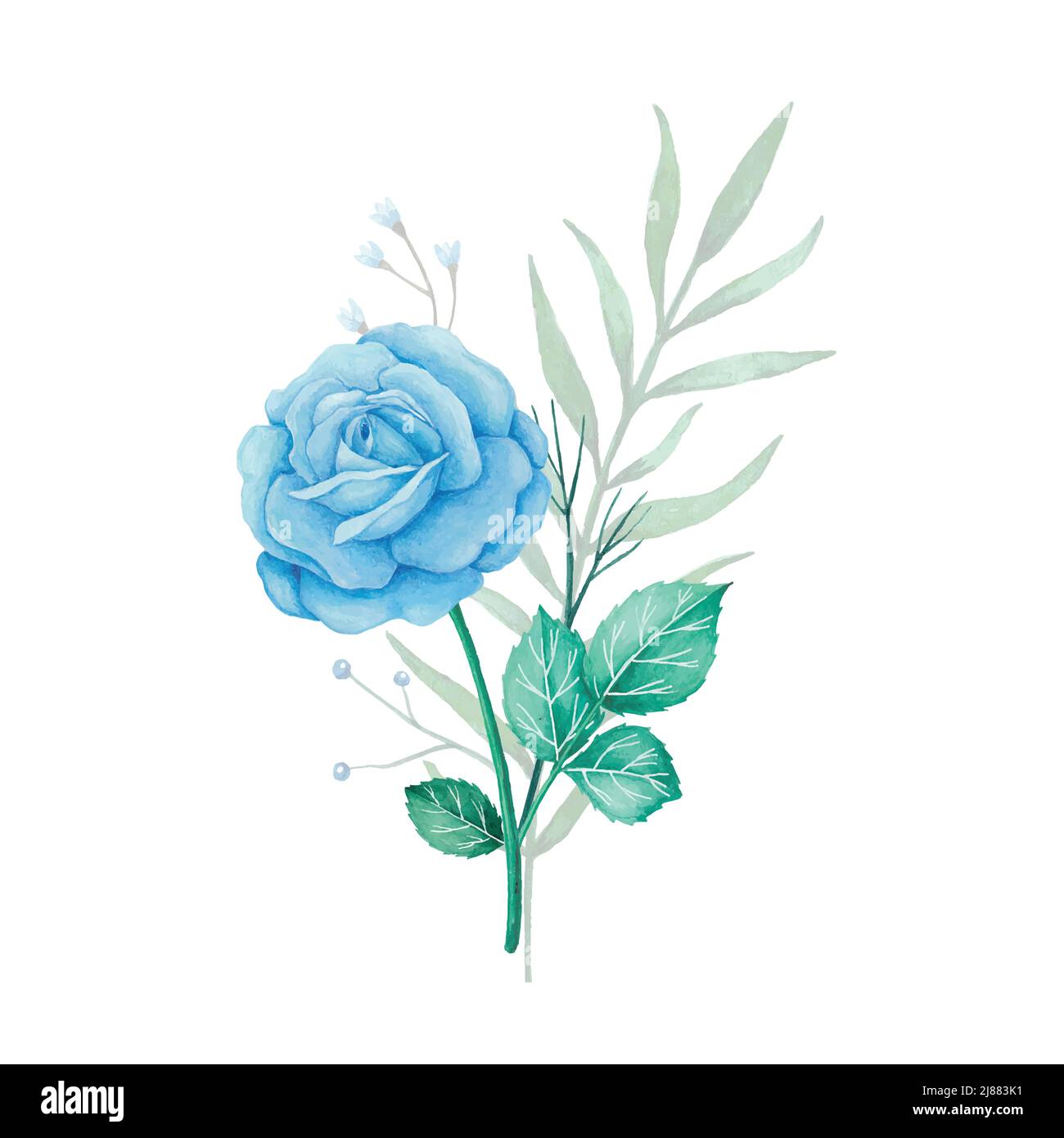 Flowers bouquet with blue roses and green leaves. Watercolor floral ...