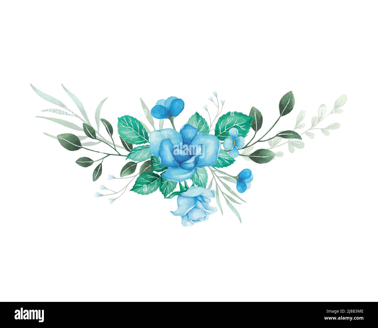 Flowers bouquet with blue roses and green leaves. Watercolor floral ...