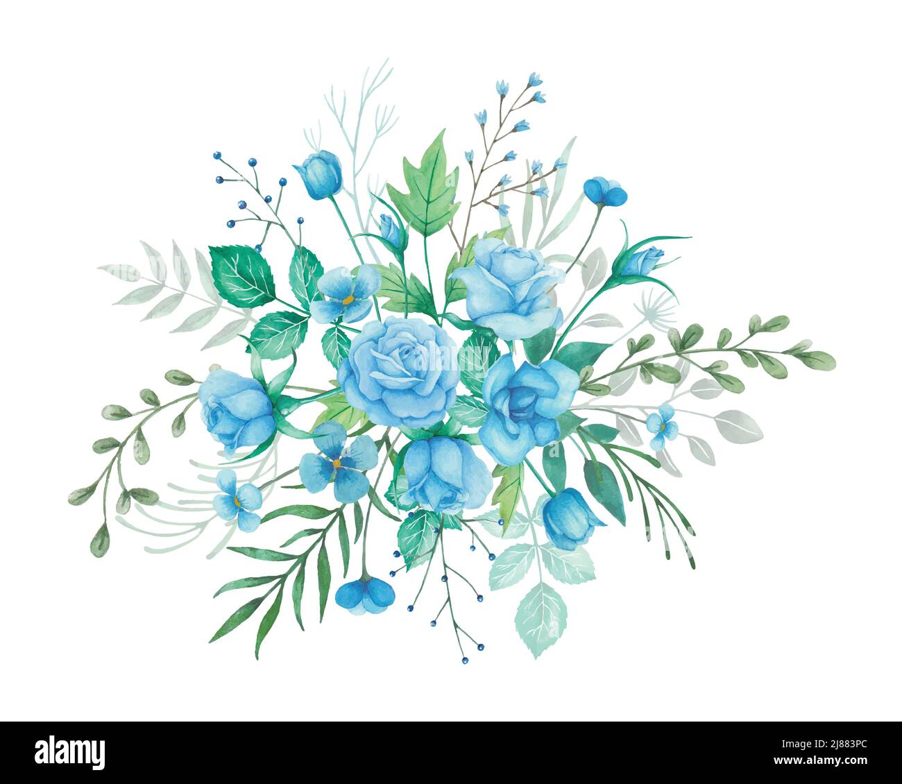 Flowers bouquet with blue roses and green leaves. Watercolor floral ...
