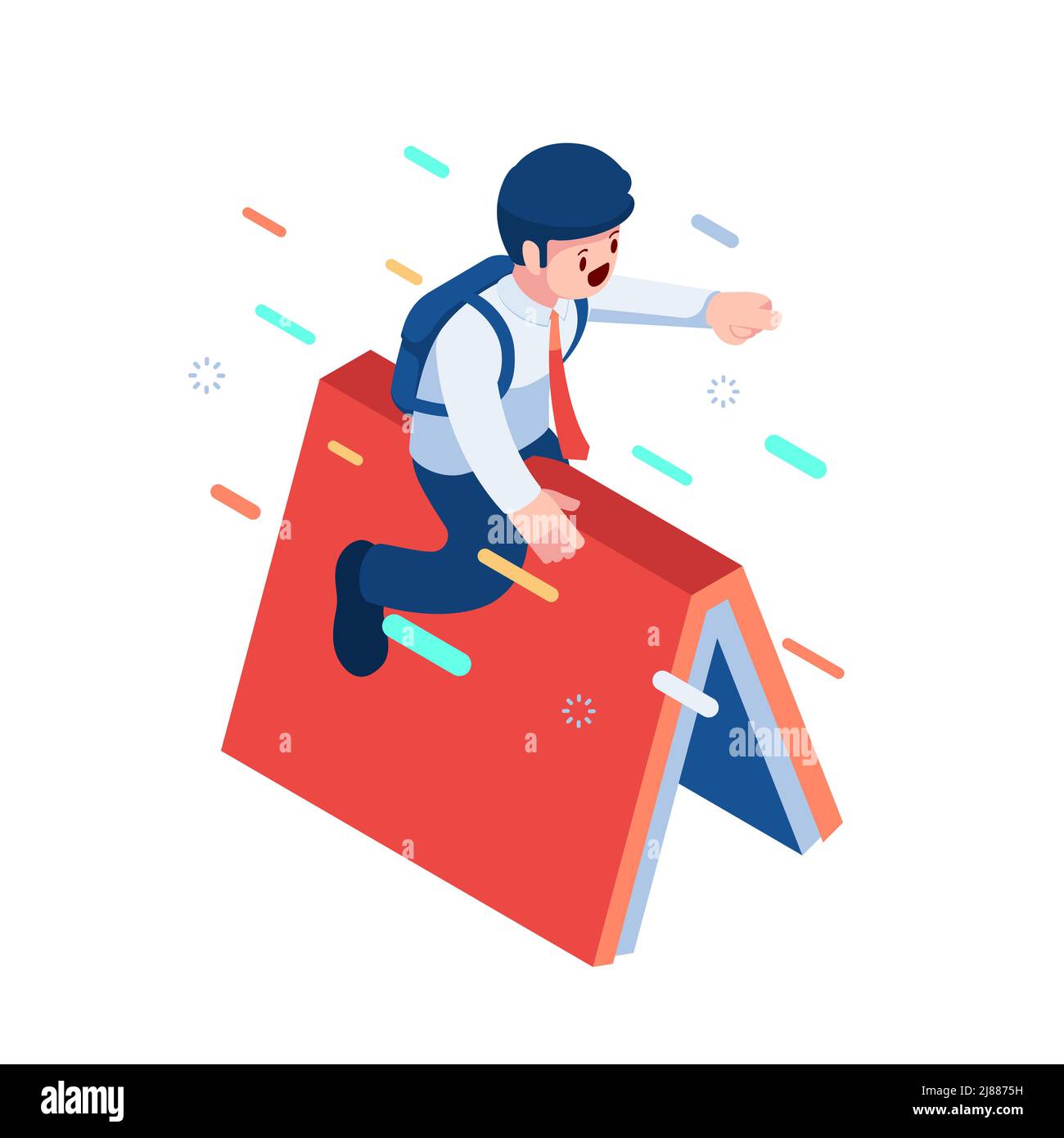 Flat 3d Isometric Businessman Riding Flying Book. Back to School and Education Concept. Stock Vector