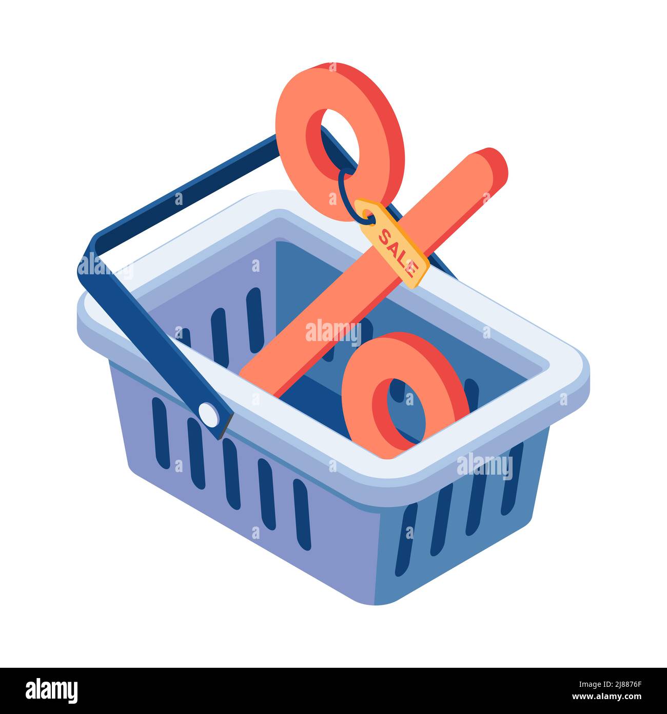 Flat 3d Isometric Red Percentage Sign in Shopping Basket. Marketing Concept. Stock Vector