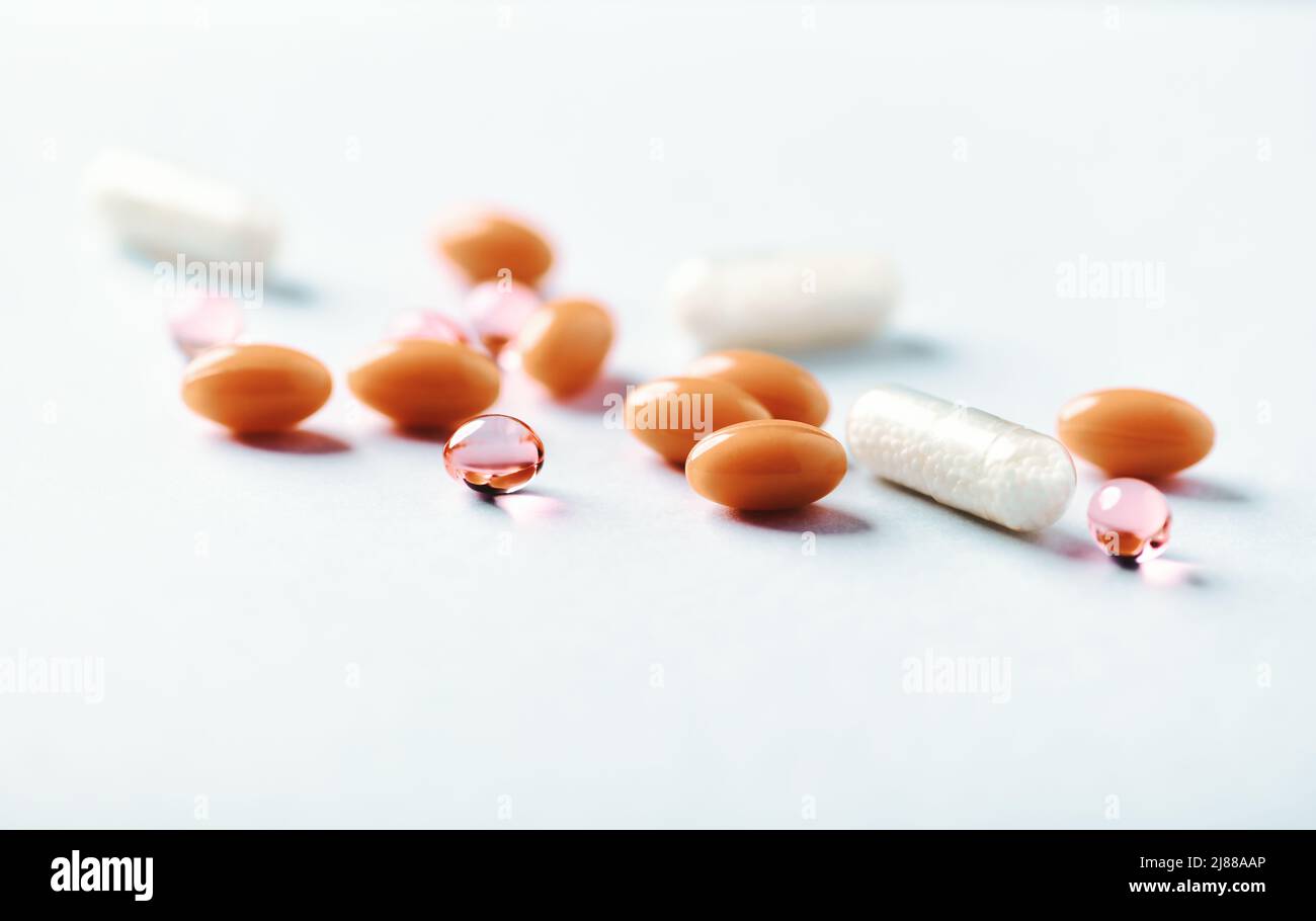 Vitamin E, Coenzyme Q10 and Vitamin C capsules. Antioxidants. Concept