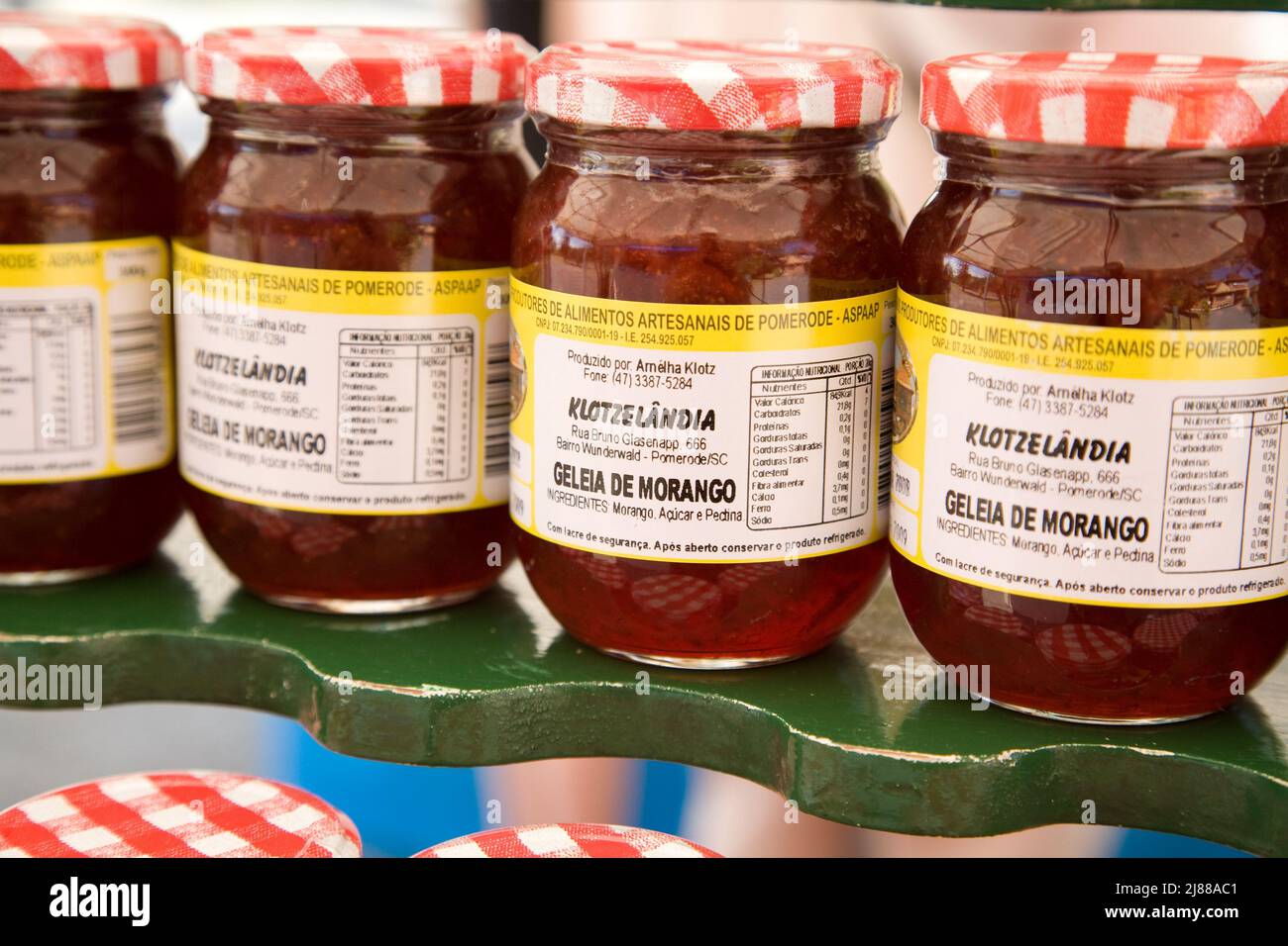 Artesanal strawberry jam on sale outside the Welcome Center in the German community of Pomerode in Santa Catarina, Brazil Stock Photo
