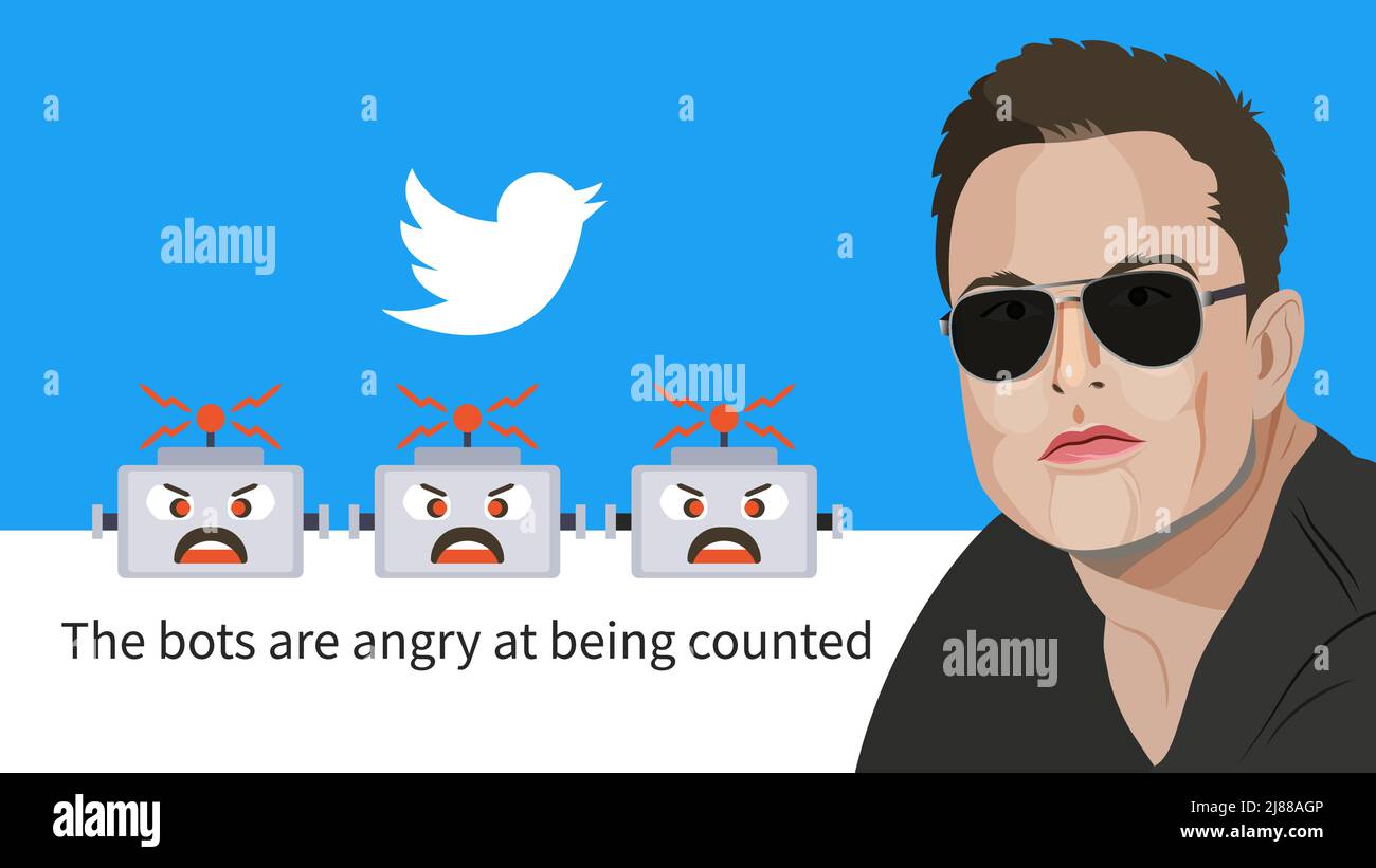 May 14, 2022 Elon Musk posted a new tweet The bots are angry at being counted Stock Vector