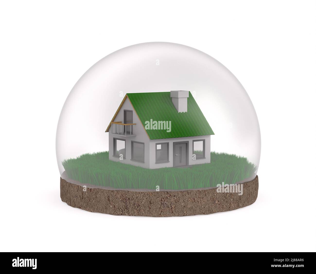 house and round soil ground with green grass on white background. Isolated 3D illustration Stock Photo