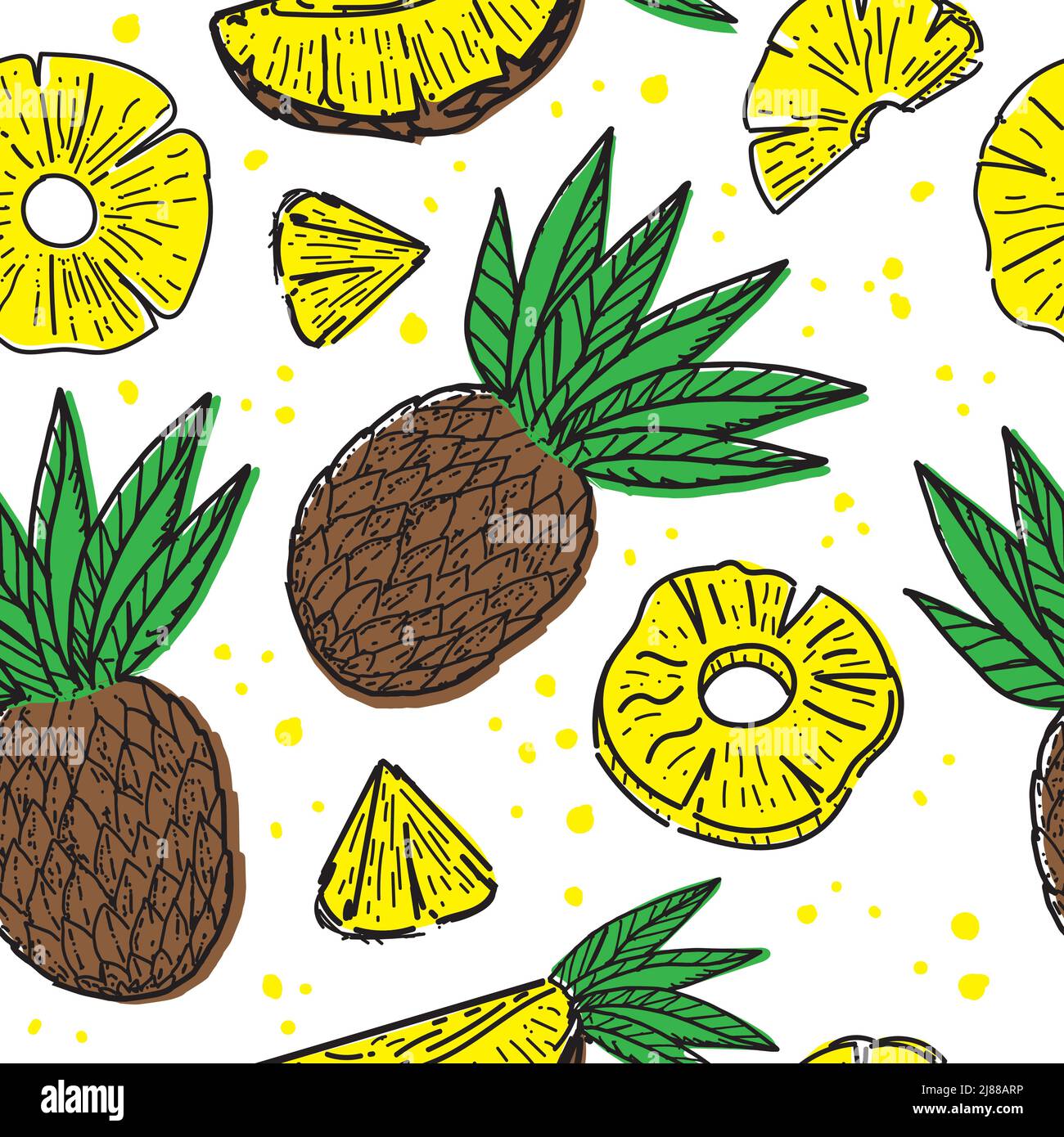 Seamless pineapple pattern, drawn doodle elements in sketch style. Whole pineapple, parts, leaves, slices, core, juice drops. Vector illustration, iso Stock Vector