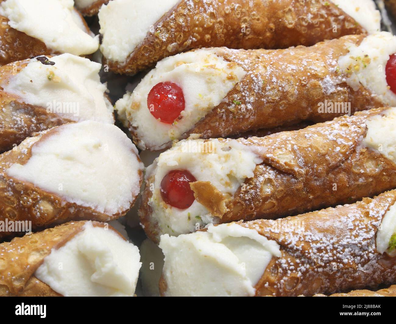 pastry called CANNOLO SICILIANO in Italian Language for sale at sicilian pastry shop Stock Photo