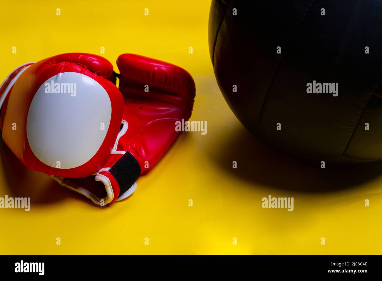 Red ball boxer yellow gloves pace blue fitness object, for bodybuilding lifestyle from simple for power box, two knockout. Protection training thai Stock Photo