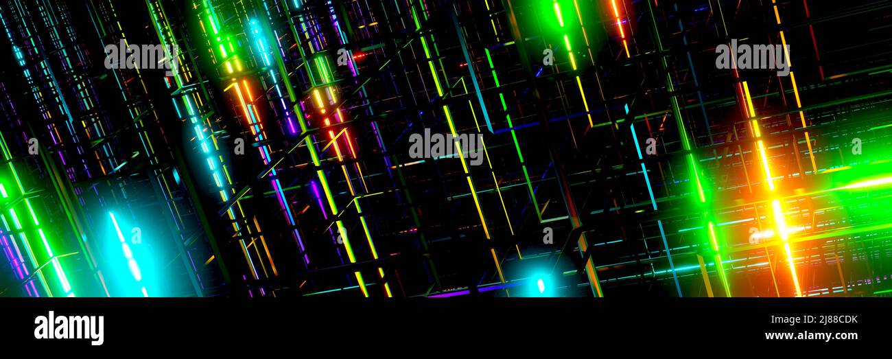 3D render, Abstract futuristic Sci-fi holographic neon glowing, Graphic digital technology background Stock Photo