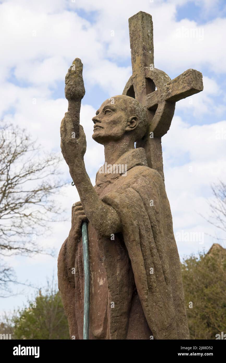 statue of saint aidan outside the abbey at holy island lindisfarne northumberland Stock Photo