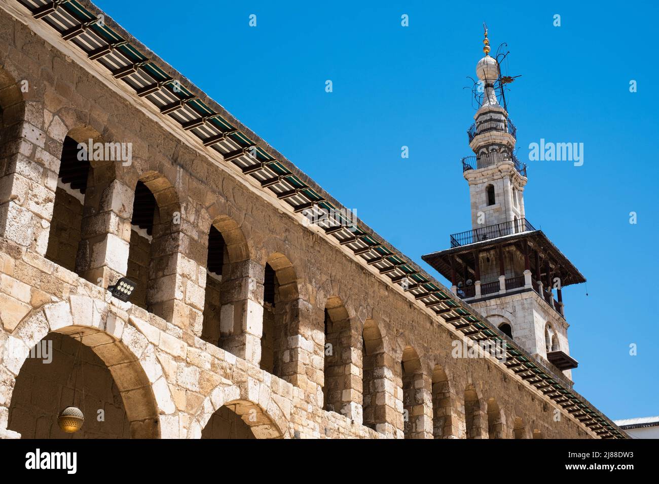 Damascus, Syria -May, 2022: A minaret of the Umayyad Mosque, also known as the Great Mosque of Damascus Stock Photo
