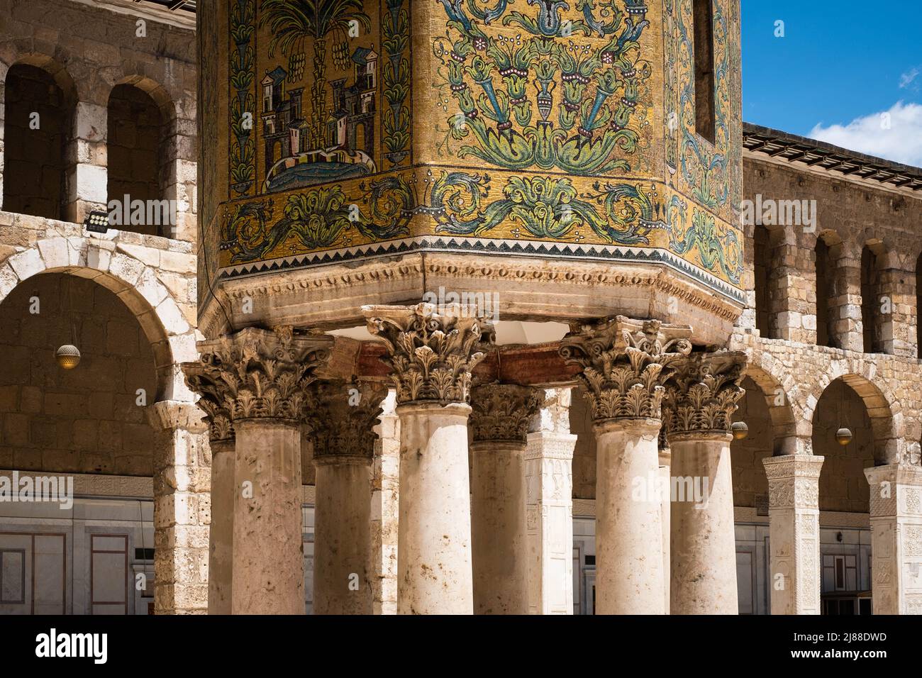 Damascus, Syria -May, 2022: Columns inside the Umayyad Mosque, also known as the Great Mosque of Damascus Stock Photo