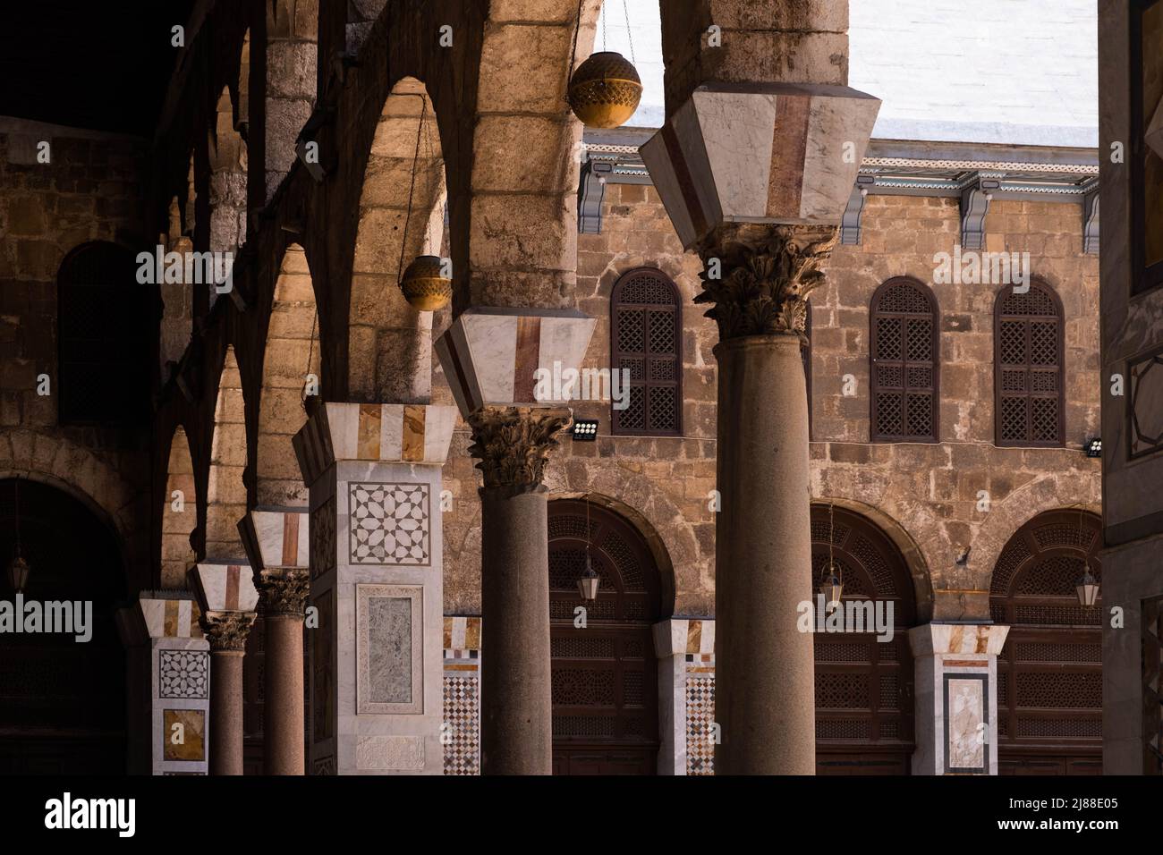 Damascus, Syria -May, 2022: Historic architecture details inside Umayyad Mosque,a.k.a. Great Mosque of Damascus Stock Photo