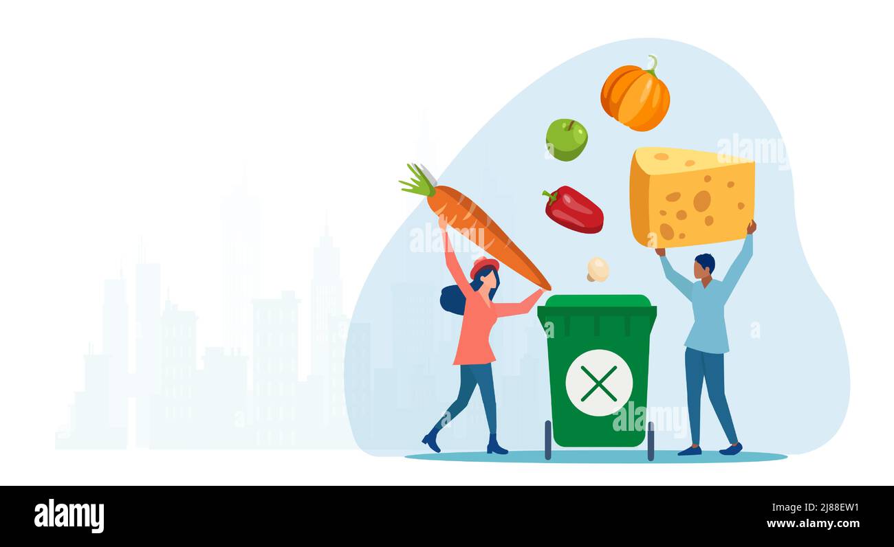 Food loss and waste. Vector of a man and a woman throwing away food Stock Vector