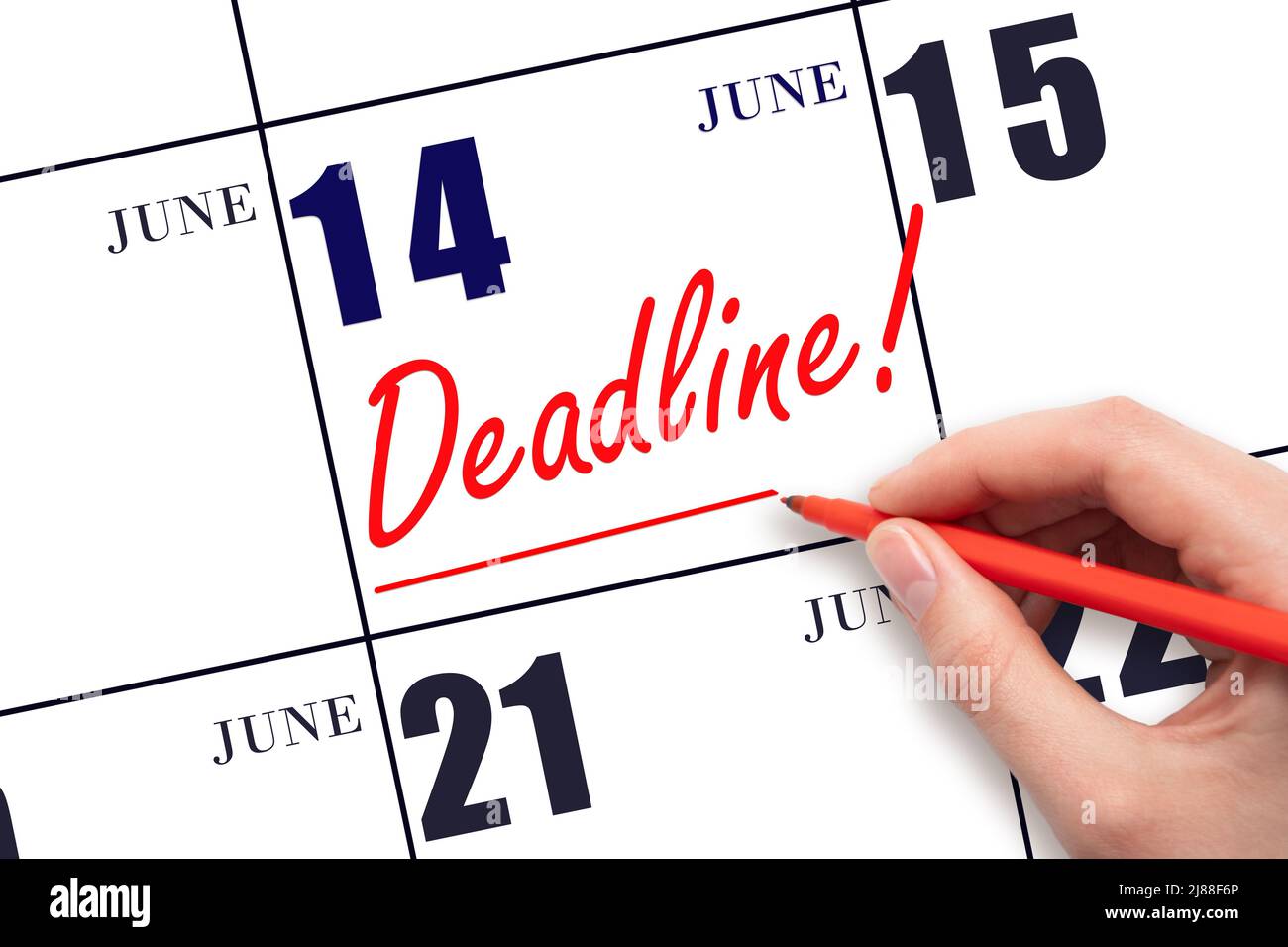 14th day of June. Hand drawing red line and writing the text Deadline on calendar date June 14. Deadline word written on calendar Summer month, day of Stock Photo