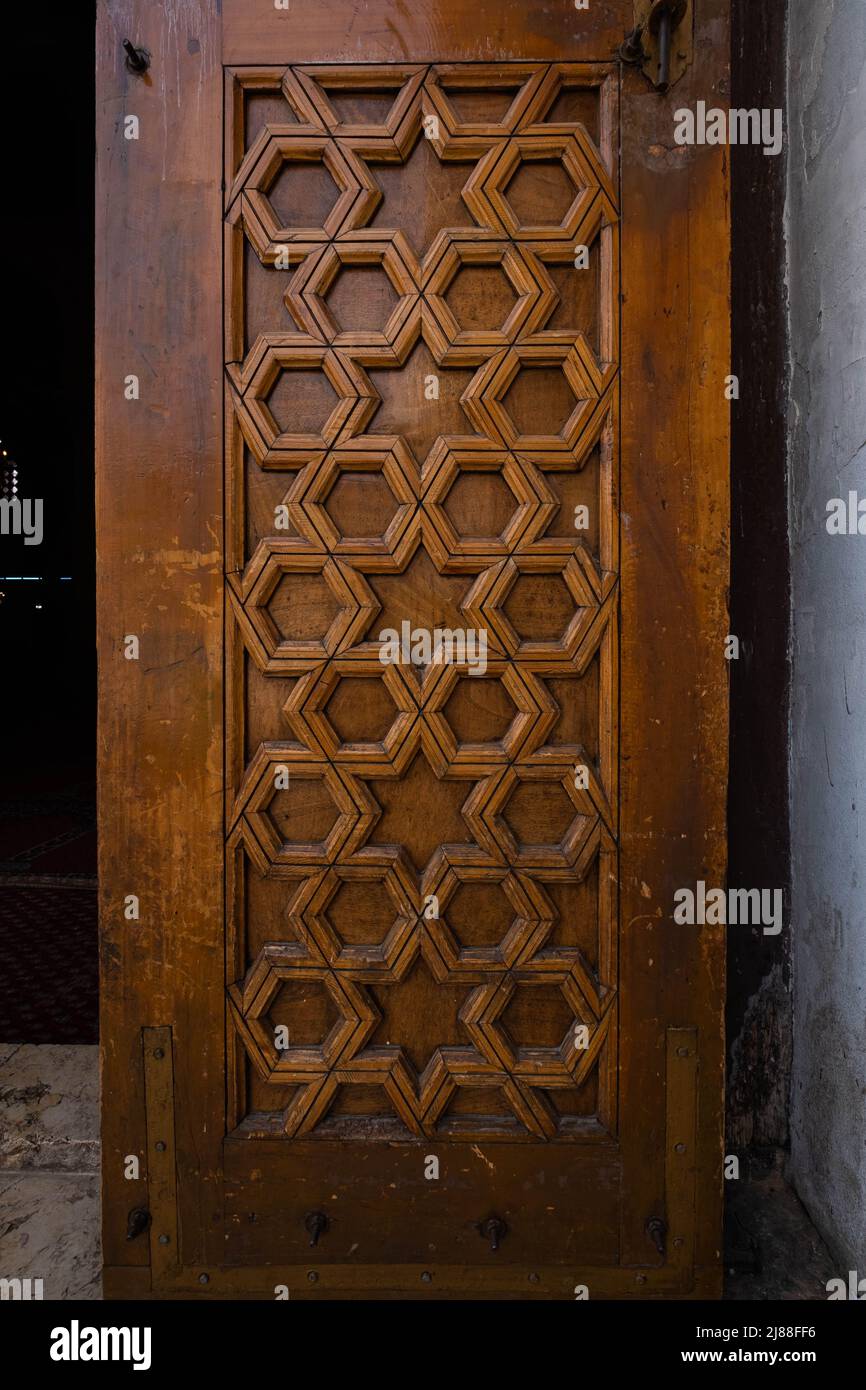Oriental decoration, gometric pattern on wooden door inside the Great Mosque of Damascus Stock Photo