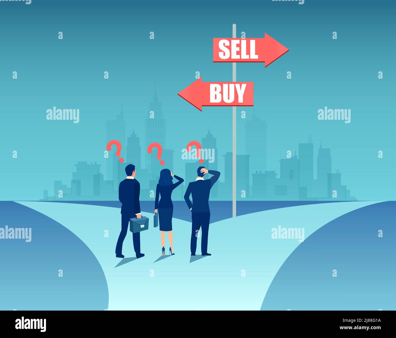Vector of confused business people standing at crossroads with buy sell signs Stock Vector