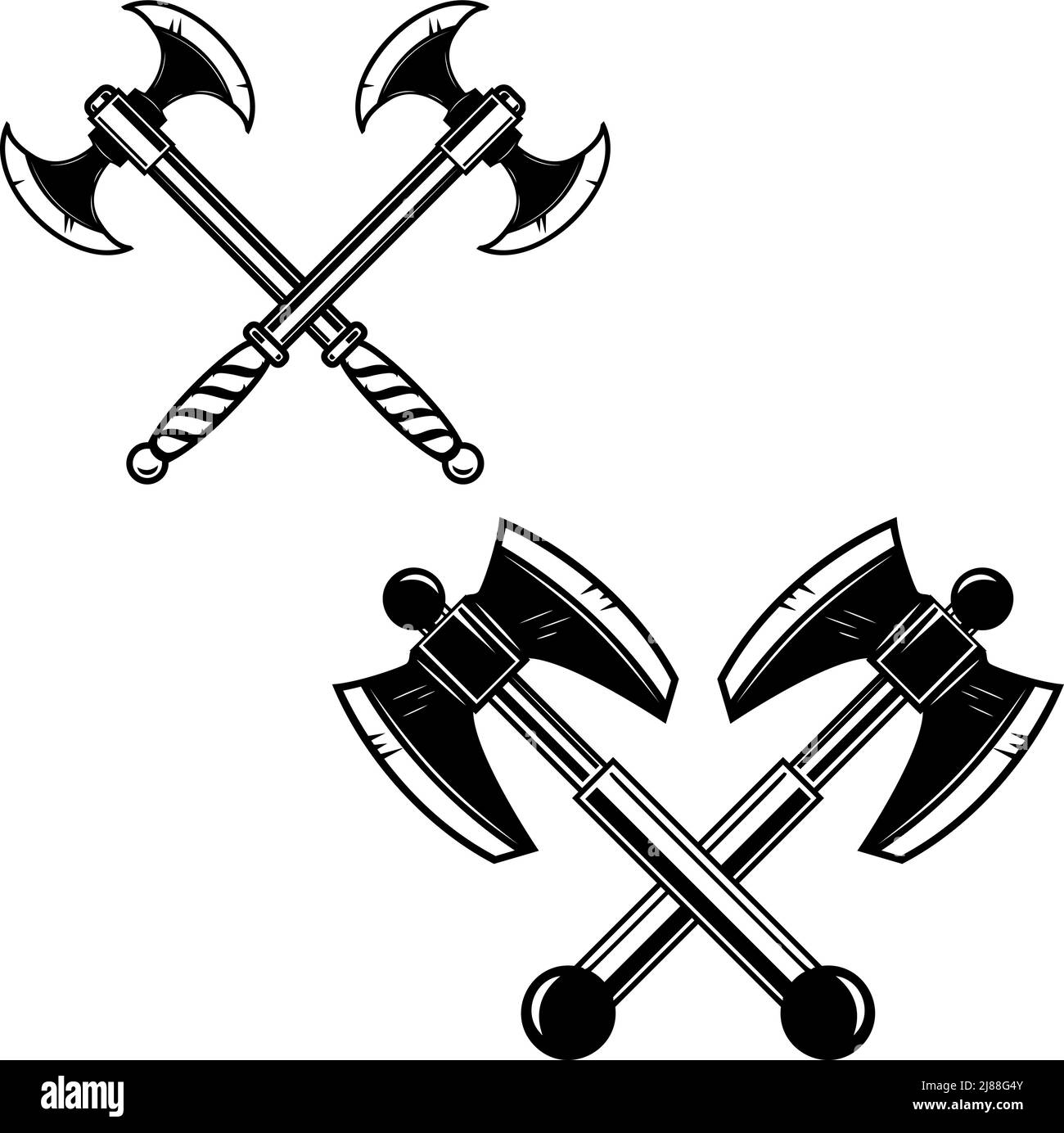 Set of Illustrations of ancient battle axe in monochrome style. Design element for logo, emblem, sign, poster, t shirt. Vector illustration Stock Vector