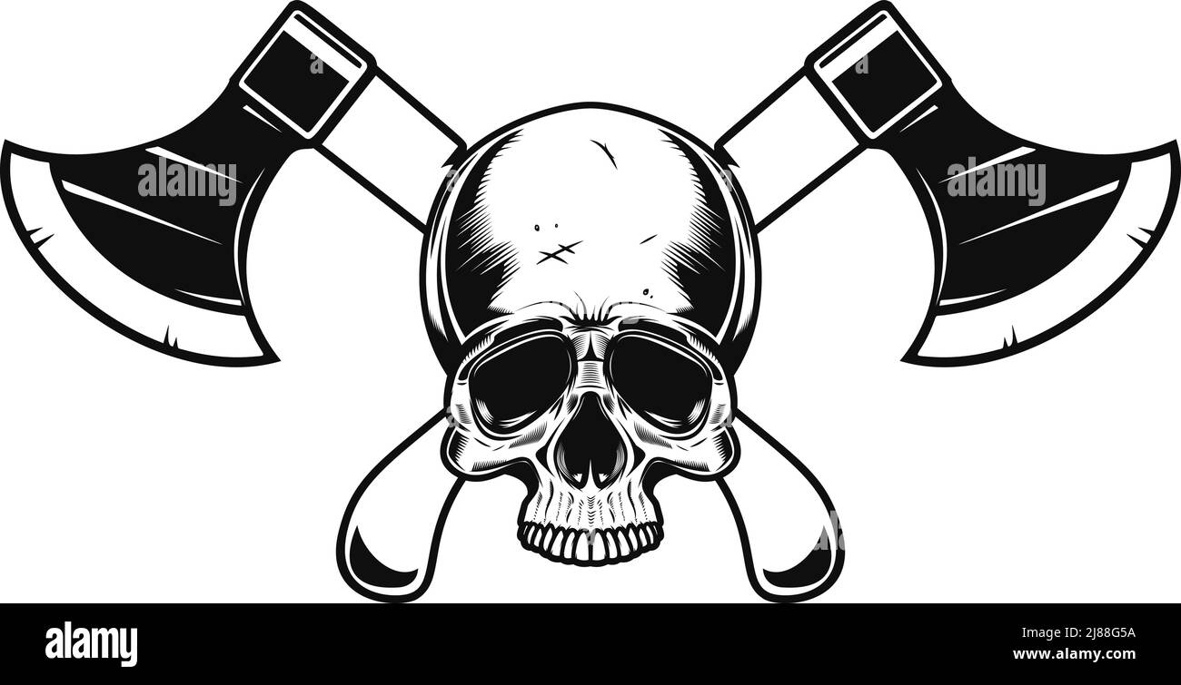Crossed lumberjack axes with skull. Design element for logo, emblem, sign, poster, t shirt. Vector illustration Stock Vector