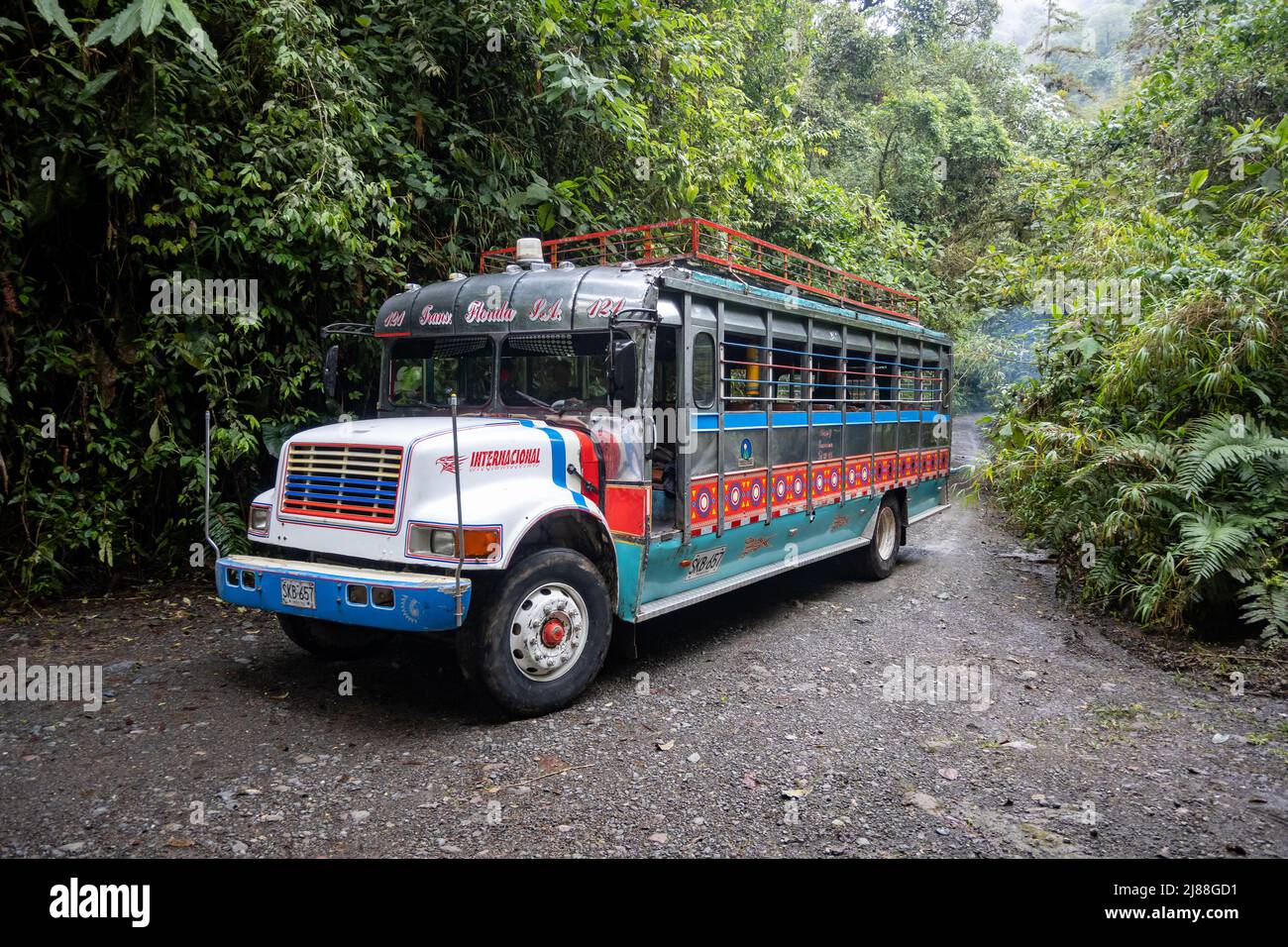 Chiva, colorfully painted bus, transportation mainly used in rural area. Colombia, South America. Stock Photo