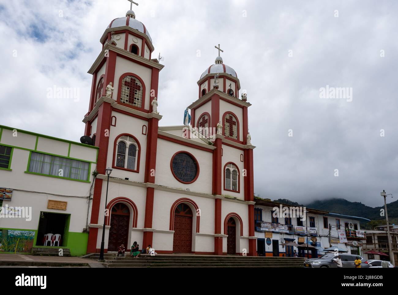 Church at the town center of small Andean town Pueblo Rico, Colombia ...