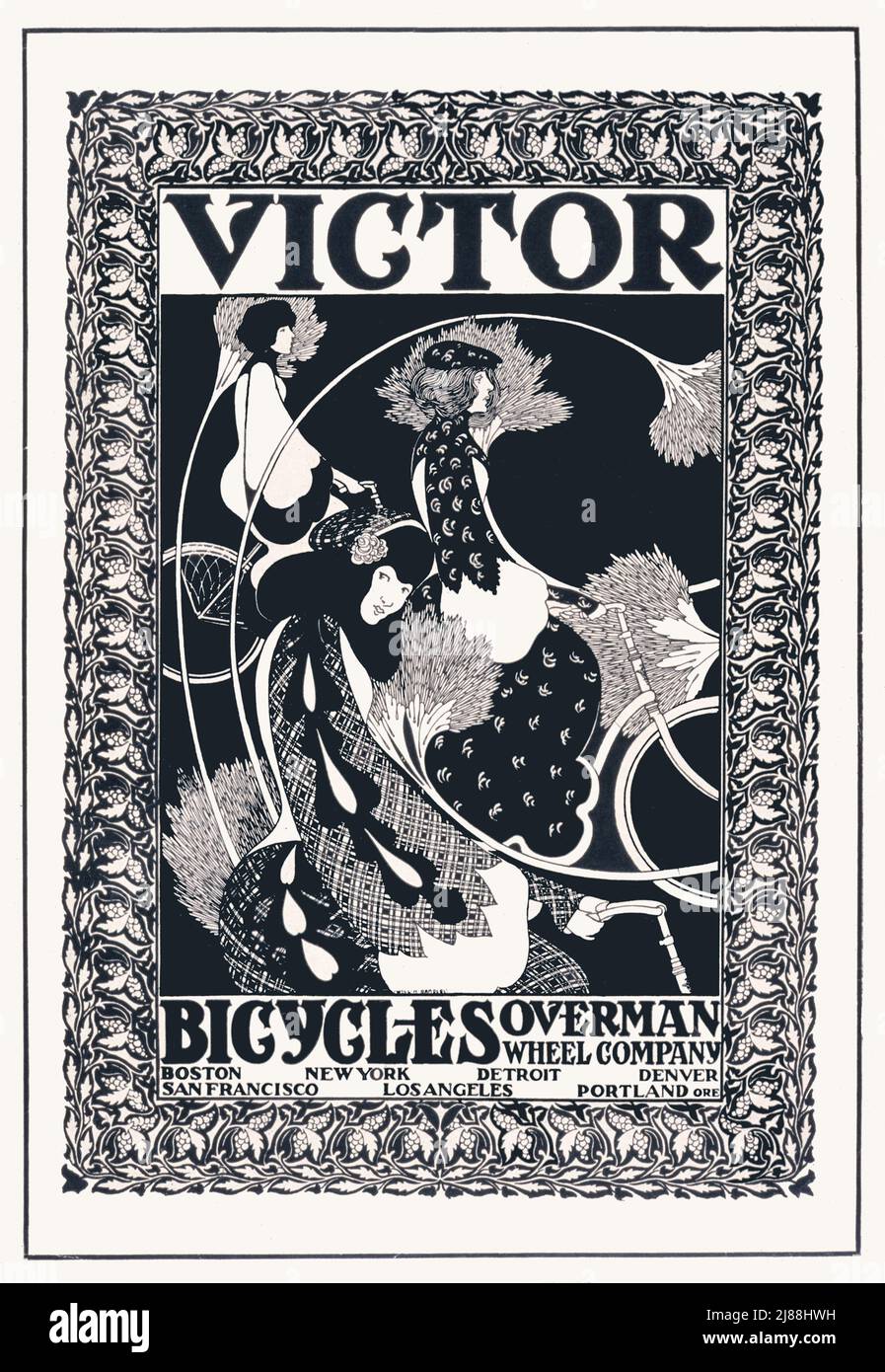 A late 19th century American Art Nouveau poster of 1895 for Victor bicycles of Boston, New York. The artist is Will Bradley (1868-1962) Stock Photo