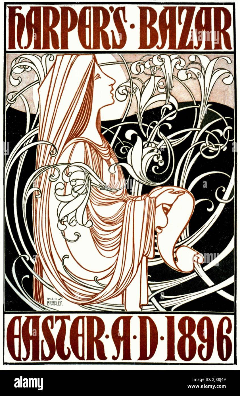 A late 19th century American Art Nouveau poster for Harpers Bazar, an American monthly women's fashion magazine; it later changed to Harper's Bazaar. The artist is Will Bradley (1868-1962) Stock Photo