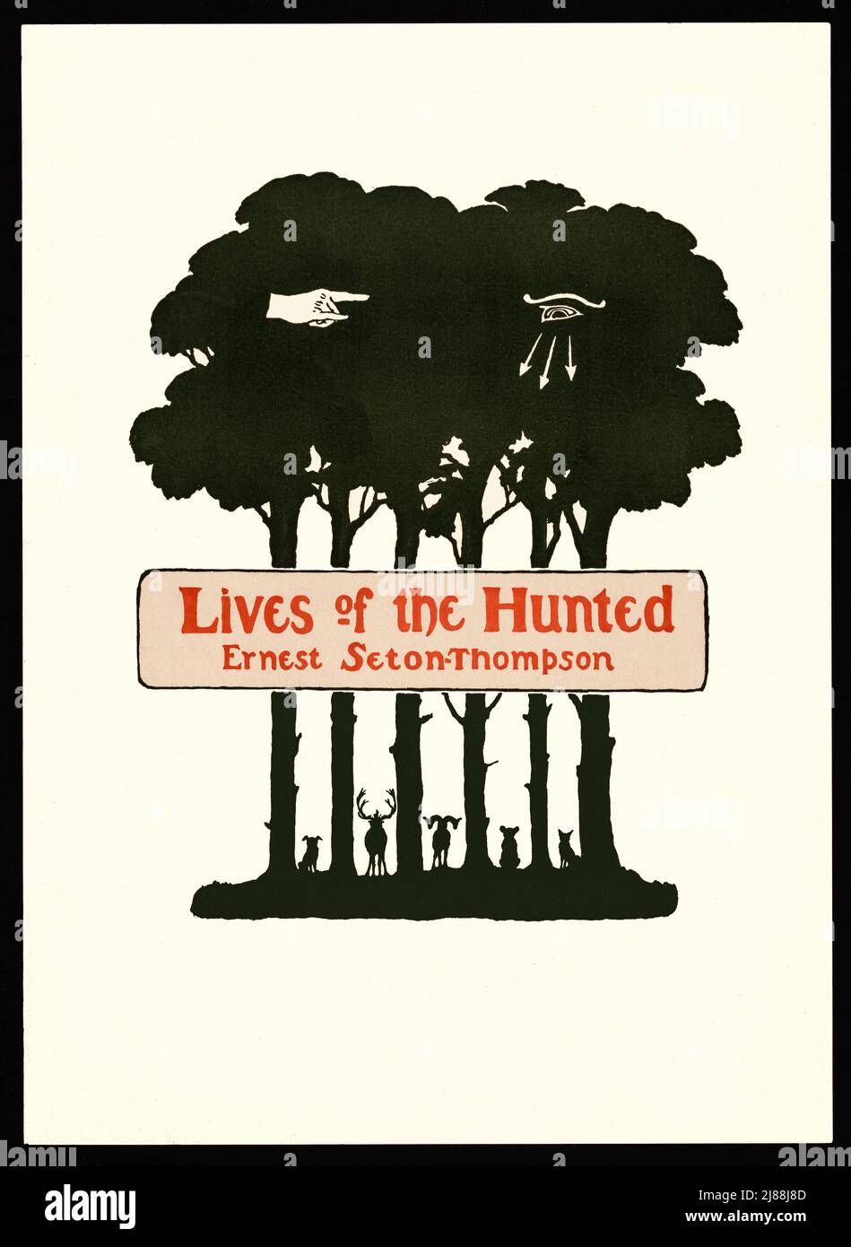 Late 19th century American book cover of 'Lives of the Hunted' by Ernest Seton-Thompson.  The eye represents the spirit of cruelty to animals and the hand for the growing spirit of kindness, acts as a counterbalance. Also known as Black Wolf he was ChiefFounder of the Woodcraft Indians and founding pioneer of the Boy Scouts of America. The artist is unknown. Stock Photo