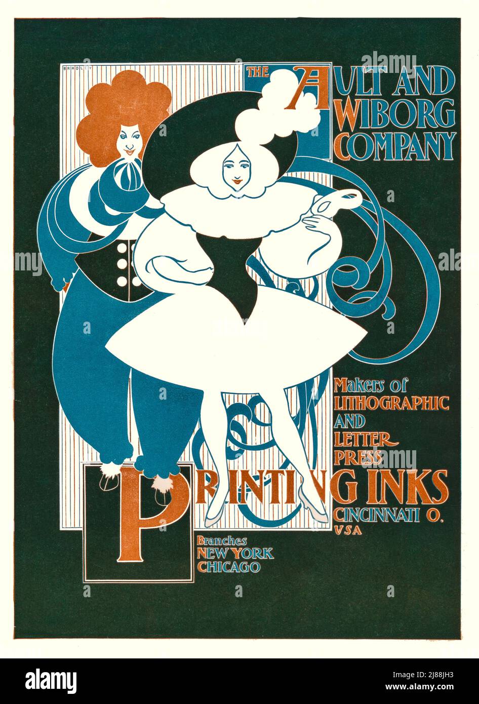 The late 19th century American Art Nouveau poster for Ault and Wiborg Company, makers of lithographic and letter press printing in inks. The artist is Will Bradley (1868-1962) Stock Photo