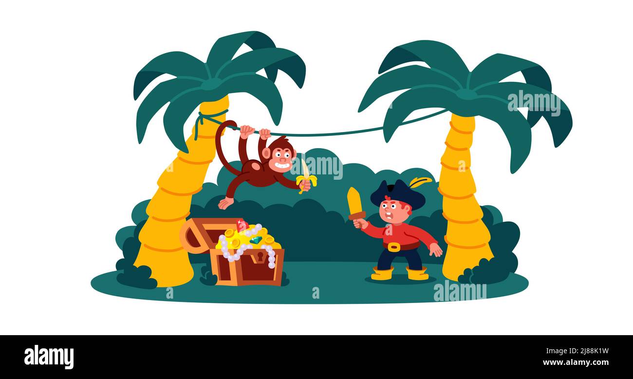 A pirate child fights against a monkey on a palm liana with a banana in his hand guarding a treasure chest in the jungle cartoon vector illustration i Stock Vector