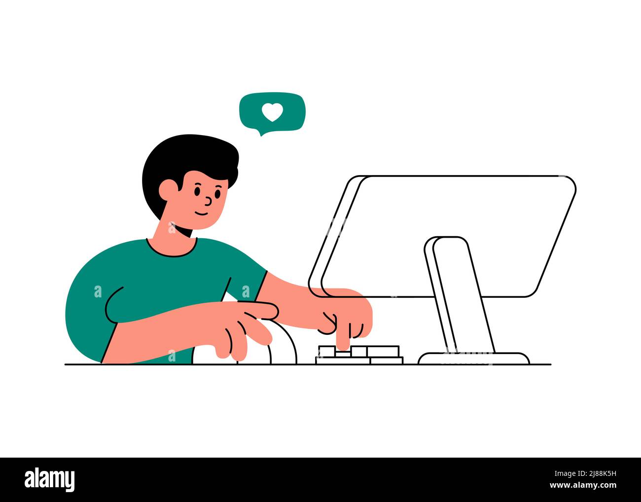 Man using computer for social network, business marketing or other. Character work on pc modern outline vector illustration Stock Vector