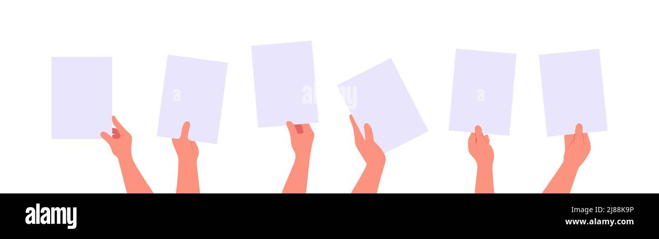 Hands holding blank paper sheet flat set vector illustration isolated ...