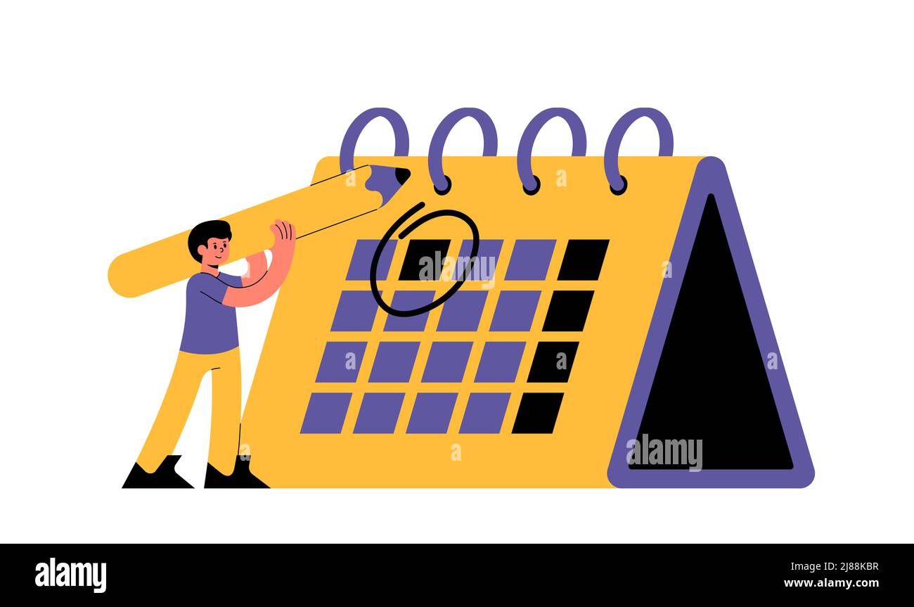 Tiny man with big pencil marks date in big calendar vector illustration