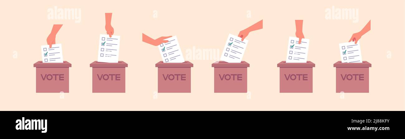 Hand with the ballot paper throws the sheet into the voting box vector ...