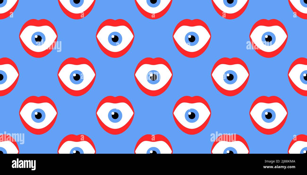 Abstract surreal the eye in the mouth psychedelic pop art style seamless pattern vector illustration Stock Vector