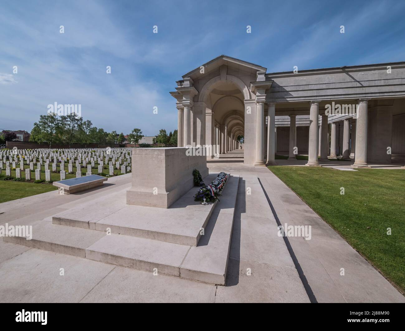 This is the WWI Memorial in the Northern French city of Arras featuring the colonnades with name wall panels to those servicemen who remain missing Stock Photo