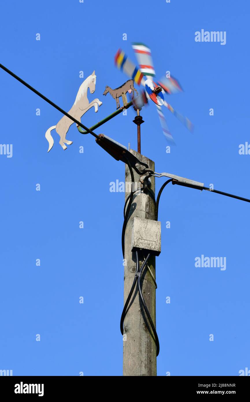 A colorful spinning pinwheel with a horse and a goat on a power pole as a symbol for wind energy. Stock Photo
