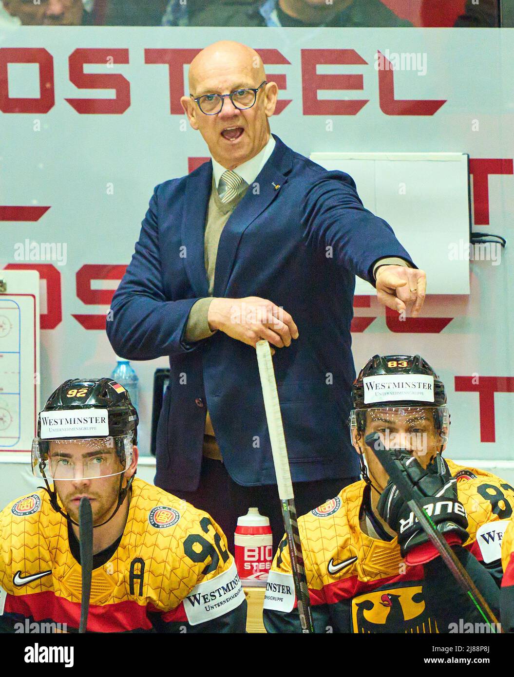 Helsinki, Finland. 13th May, 2022. Tom Rowe (65, Cheftrainer Nürnberg  Icetigers), assistent coach of Germany, in the match GERMANY - CANADA 3-5  IIHF ICE HOCKEY WORLD CHAMPIONSHIP Group B in Helsinki, Finland,