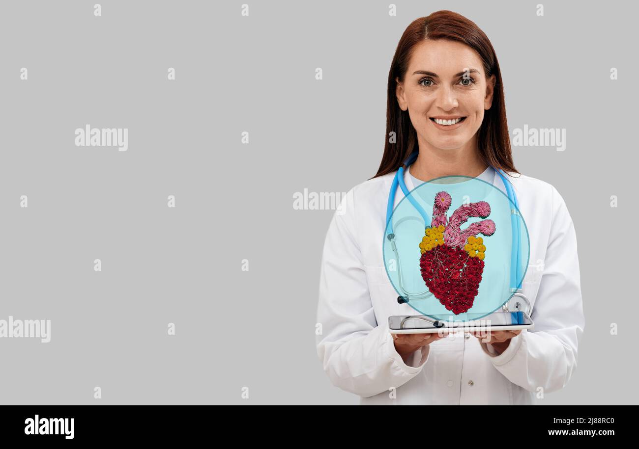 Concept of cardiac health and cardiovascular system . doctor holding holographic healthy human heart while standing on grey background with space for Stock Photo