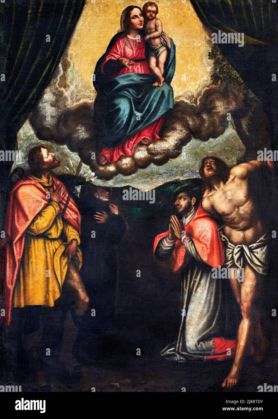 Madonna col Bambino con S. Rocco, S. Carlo Borromeo e S. Sebastiano -   - olio su tela   - pittore bergamasco del XVII secolo - Cassiglio (Bg) ,Italia Stock Photo