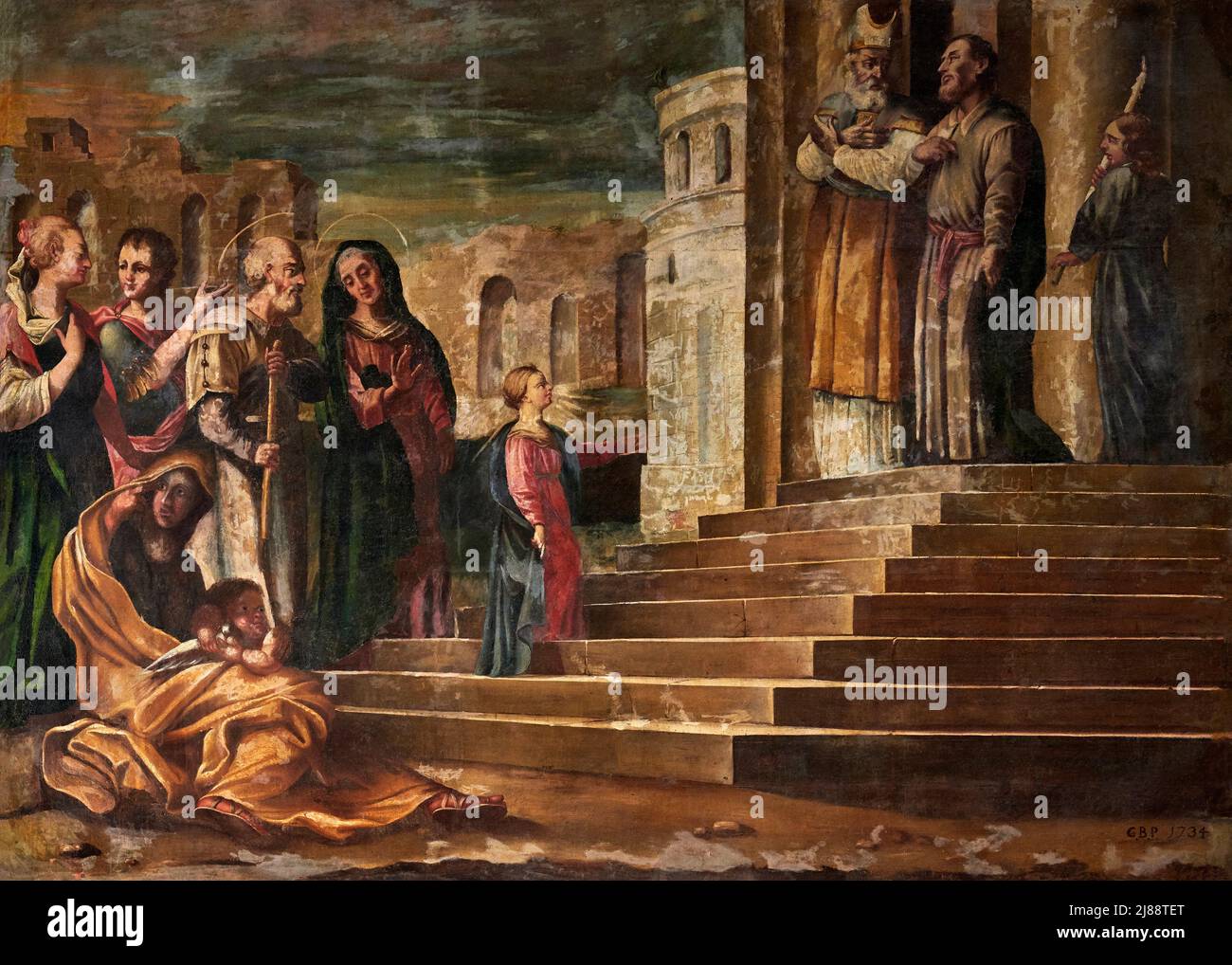 Presentazione di Maria al tempio   - olio su tela   - M.A. Bianchi - 1734  - Cassiglio (Bg),Italia, chiesa di S. Bartolomeo Stock Photo
