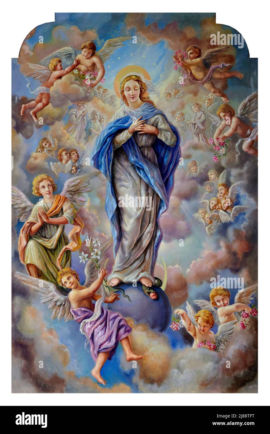 Madonna Immacolata e angeli   - olio su tela   - Edoardo Volonterio - 1953  - Cassiglio (Bg),italia, chiesa di S. Bartolomeo Stock Photo
