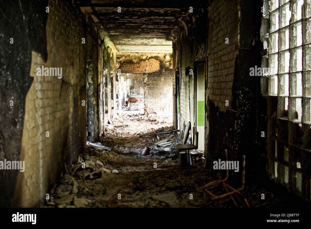 The interior of the Vil'khivka school, completely destroyed by artillery shells, site of battle between Russian and Ukrainian soldiers. Russia invaded Ukraine on 24 February 2022, triggering the largest military attack in Europe since World War II. (Photo by Marco Cordone/SOPA Images/Sipa USA) Credit: Sipa USA/Alamy Live News Stock Photo